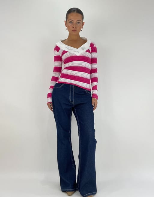 Vintage striped long sleeve top in pink and white