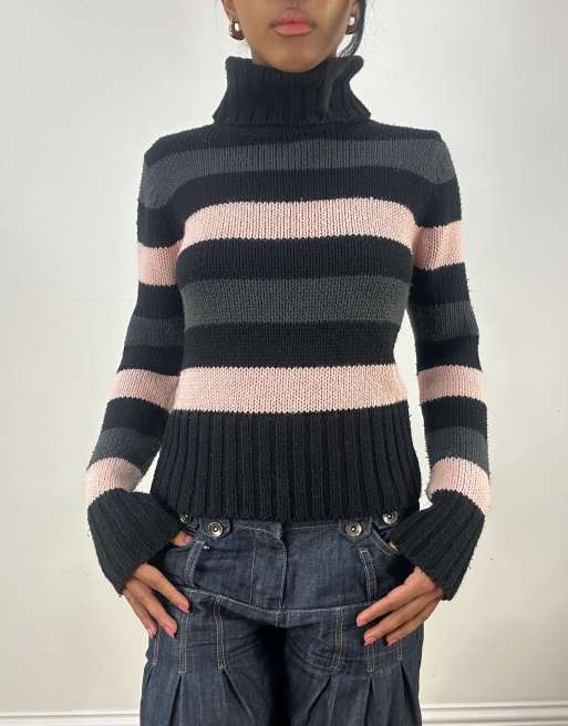 Vintage striped roll neck jumper in black