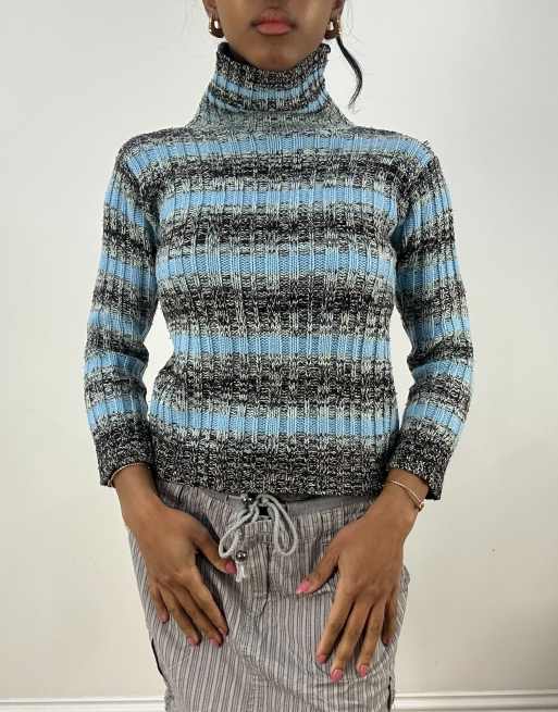 Vintage striped roll neck knitted jumper in grey and blue