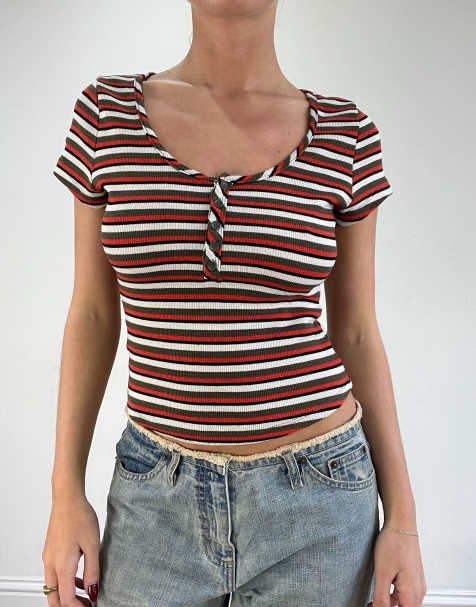 Vintage striped t-shirt with button up detail in red - view 1