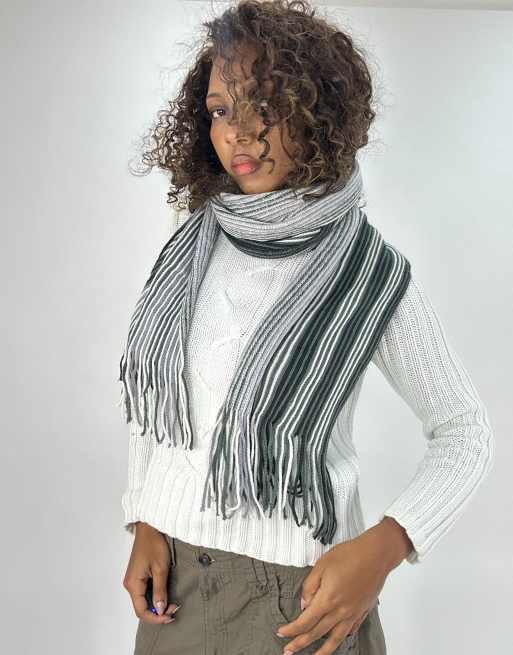 Vintage striped tassel scarf in grey