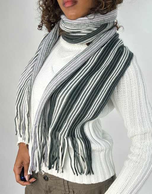 Vintage striped tassel scarf in grey, 2 of 4
