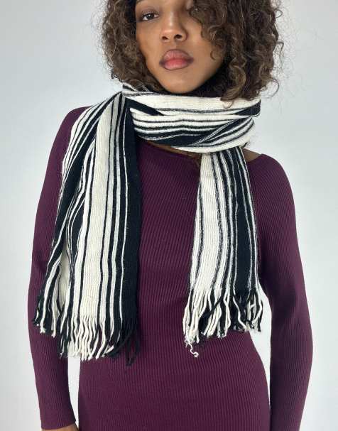 Vintage striped tassel scarf in white - view 1