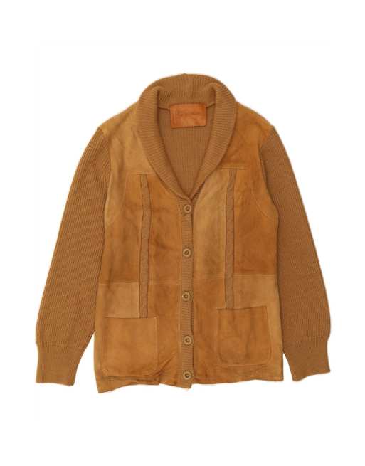 Vintage Suede Cardigan Sweater UK 14 Medium In Brown