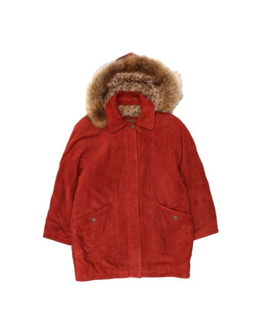 Vintage Suede Hooded Overcoat EU 44 XL In Red