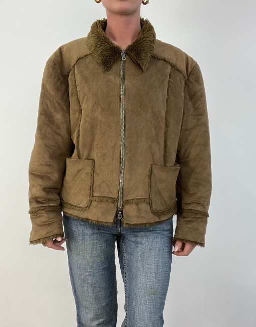 Vintage suede jacket with faux fur trim in brown