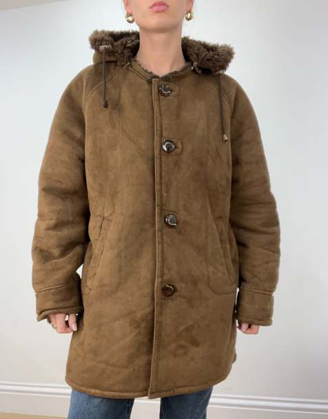 Vintage suede style hooded coat in brown - view 1