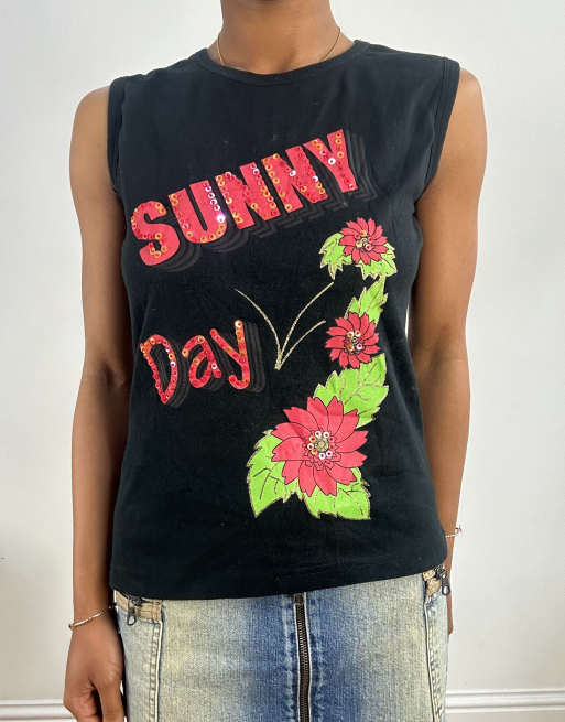 Vintage 'sunny day' graphic tank top in black