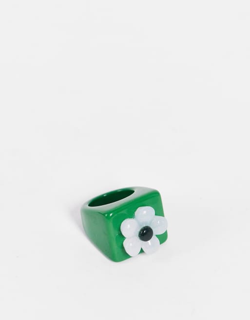 Vintage Supply - Bague en résine à motif fleur - Vert