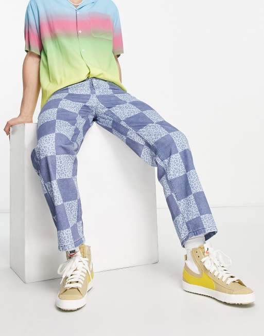 Vintage Supply - Blå jeans med lige ben og skakternet leopardprint