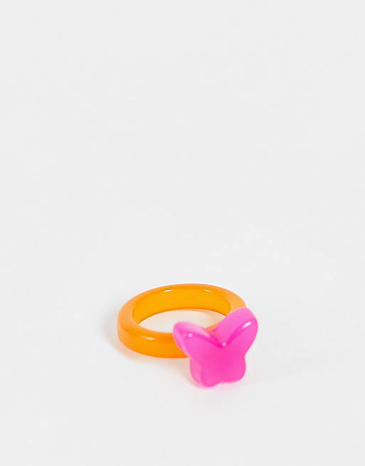 Vintage Supply butterflies gummy ring in pink and orange