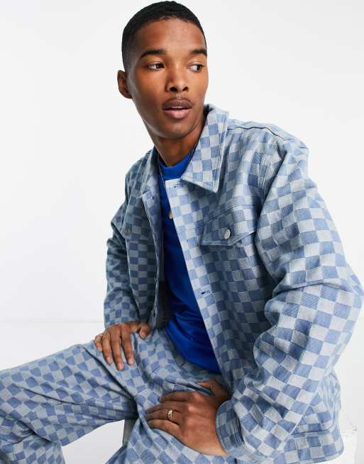 Vintage Supply Checkerboard Denim Jacket In Blue Asos