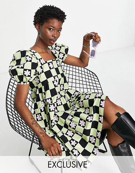 Vintage Supply checkerboard print smock mini dress in multi
