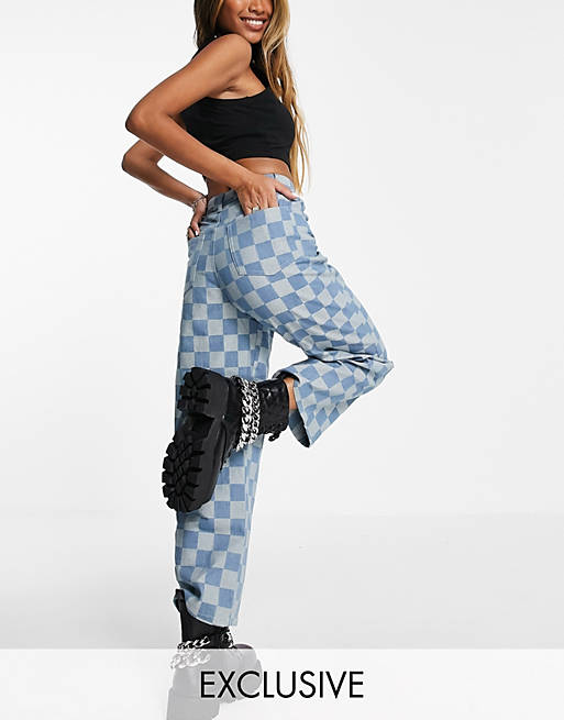 Women Vintage Supply checkerboard wide leg jeans in blue 