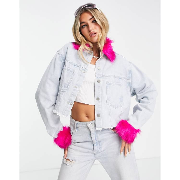 Vintage Supply cropped denim jacket with faux fur trim in acid