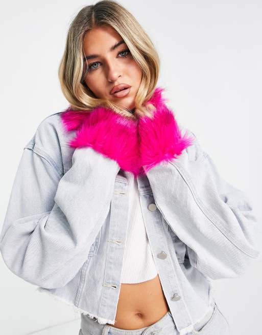 Blue jean jacket with pink fur collar discount