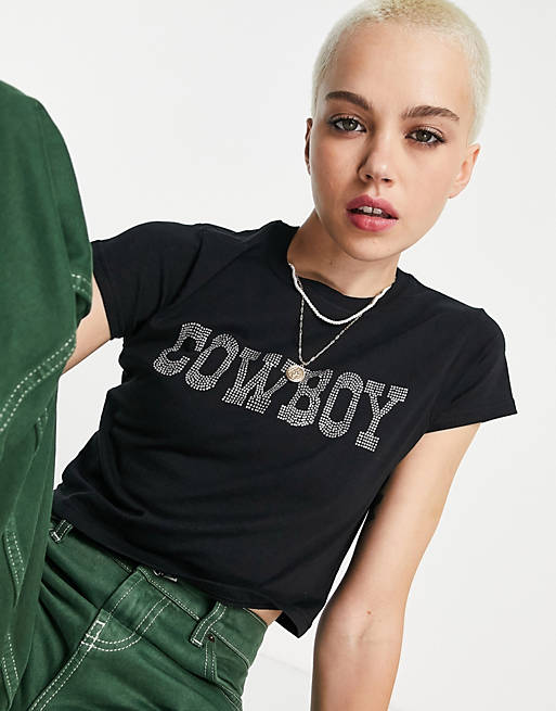 Vintage Supply - Cropped T-shirt met 'Cowboy' tekst in diamantjes in zwart