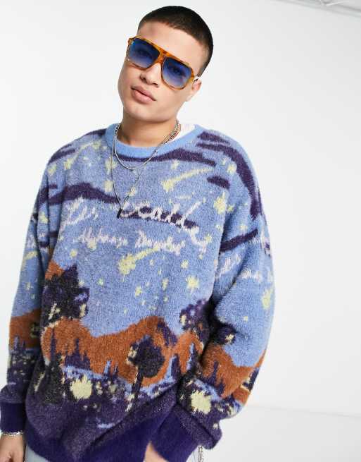 Vintage Supply – Dzianinowy sweter z motywem krajobrazu na całej powierzchni