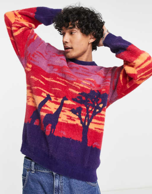 Vintage Supply – Fioletowy dzianinowy sweter z motywem żyraf i zachodu słońca