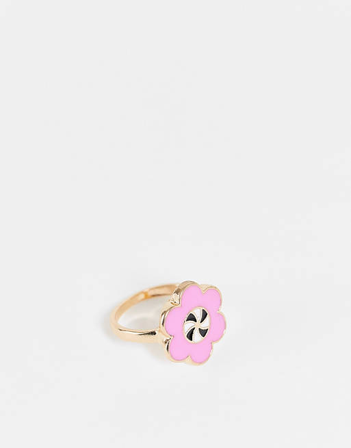Vintage Supply flower power ring in pink enamel