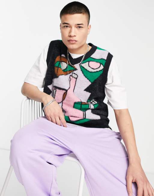 Vintage Supply - Gebreid hemdje in zwart met abstracte print