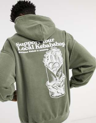 Vintage Supply kebab nation washed hoodie in olive-Green