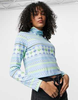 Vintage Supply lounge high neck thermal fairisle top set-Blues