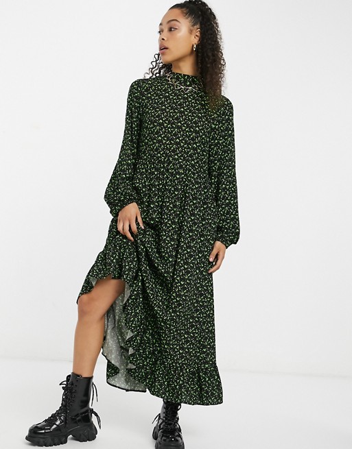 Vintage Supply maxi smock dress with tie neck in green smudge print