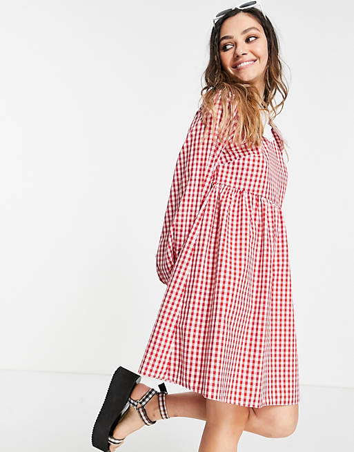 Vintage Supply mini dress with puff sleeves in red gingham with contrast frill collar