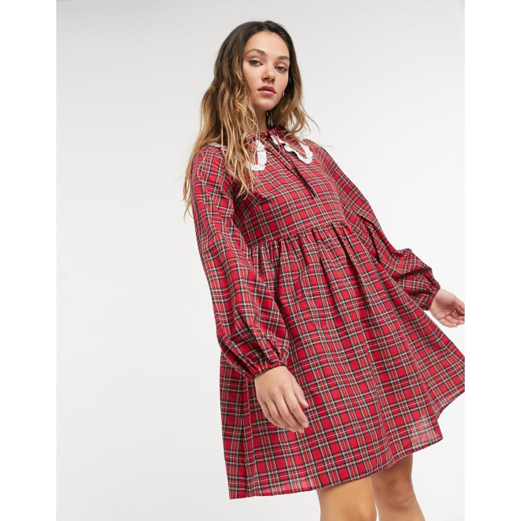 Red tartan smock dress cheap
