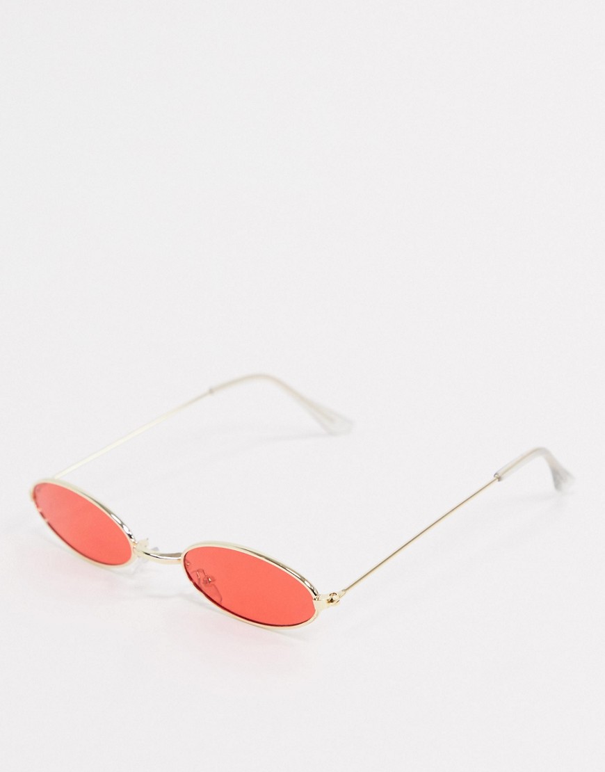 Vintage Supply - Occhiali da sole sottili con montatura oro e lenti rosse-Rosso