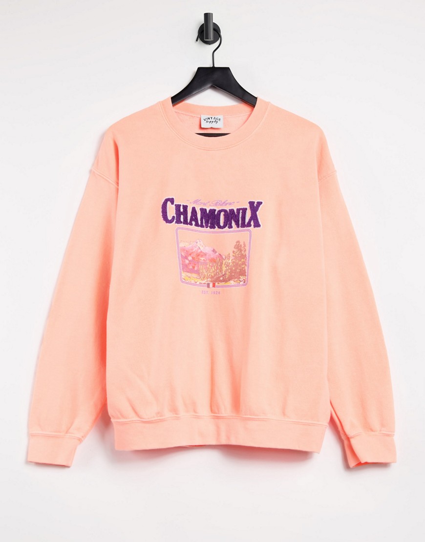 Vintage Supply overdyed sweatshirt with embroidery chamonix ski patch-orange