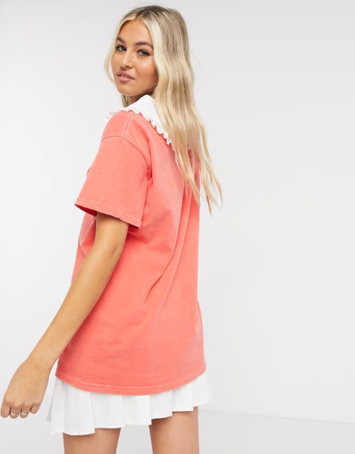 Vintage Supply - Overdyed T-shirt met ruchekraag in perzikroze, 2 van 4