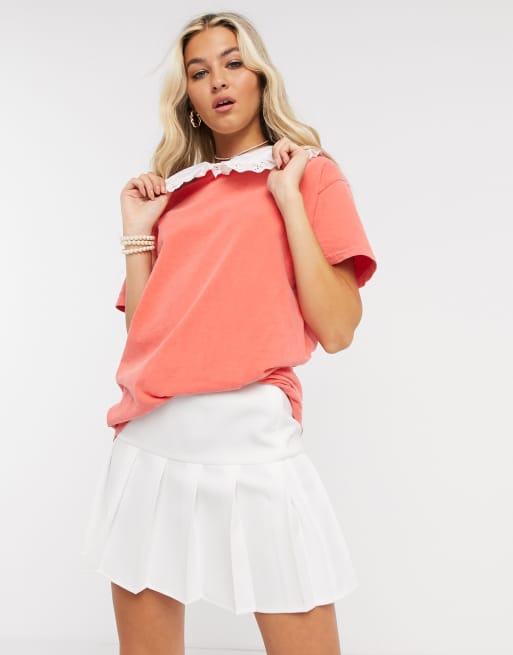 Vintage Supply overdyed t-shirt with frill collar in peach, 3 of 4