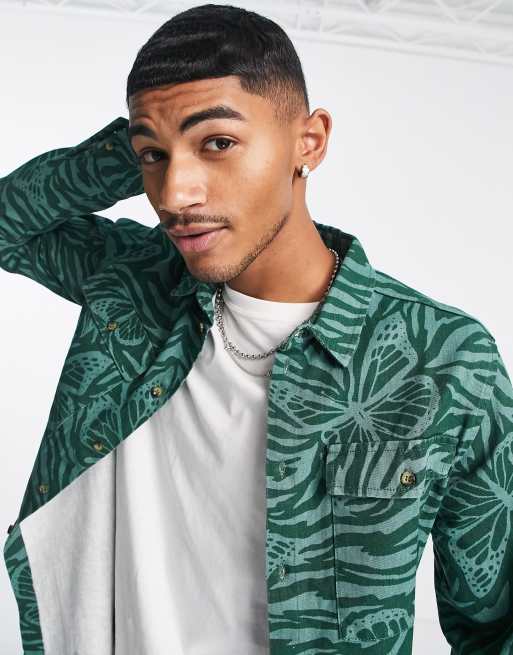 Vintage Supply - Overhemd met vlinderprint in groene over-dye