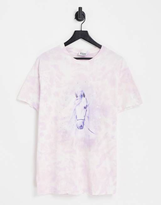 Vintage Supply – Oversize-T-Shirt in rosa Batikmusterung mit Strasssteinen und mystischem Pferde-Print