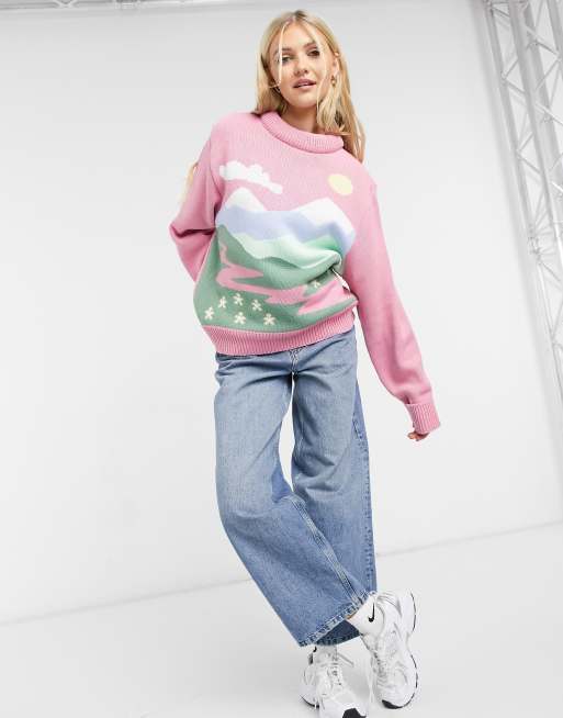 Vintage supply oversized knitted jumper with mountain store scene
