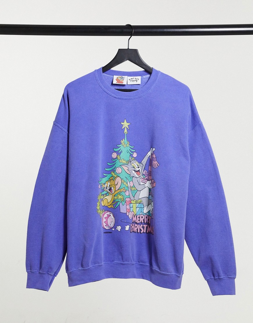 Vintage Supply - Oversized sweatshirt met Kerstmis Tom en Jerry-print in lila-Paars