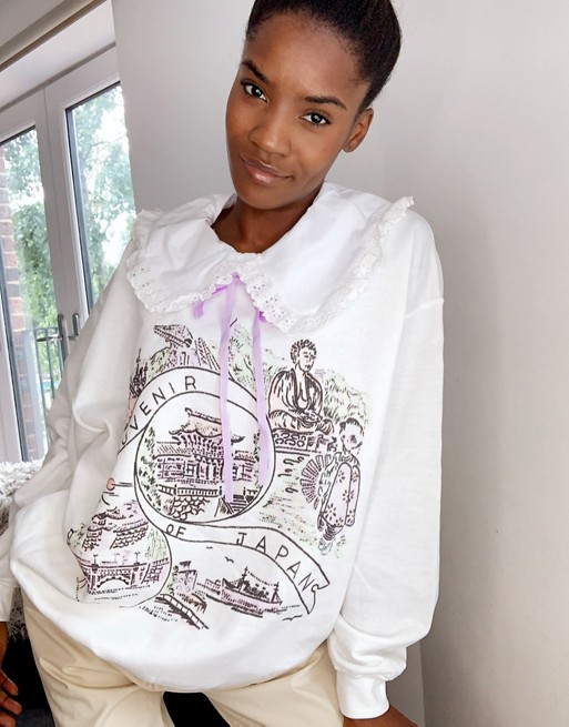 Vintage Supply oversized sweatshirt with frill collar and japan tourist graphic