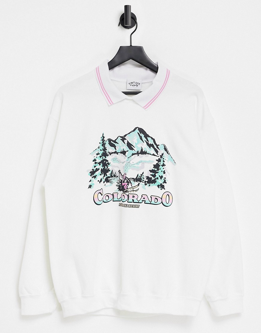 Vintage Supply oversized sweatshirt with ski graphic and contrast ribbed collar-White