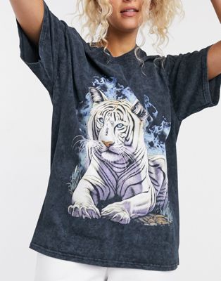 Vintage Supply oversized t-shirt in gray wash with tiger graphic