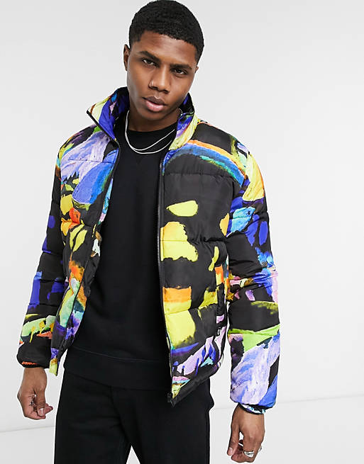 Vintage Supply puffer jacket with art print in blue | ASOS