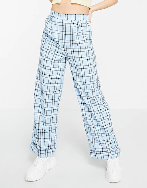 Vintage Supply relaxed wide leg turn up trousers in blue check