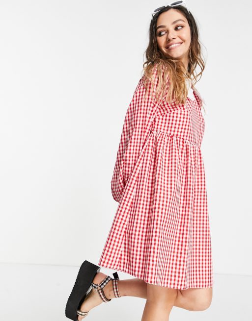 Vintage Supply – Röd gingham-rutig miniklänning med puffärmar och kontrastfärgad krage
