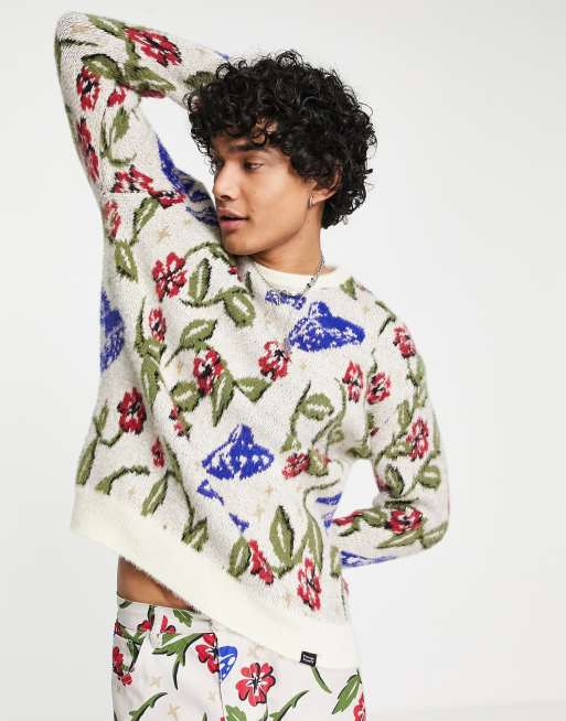 Vintage Supply – Sweter w kolorze ecru z nadrukiem statku kosmicznego na całej powierzchni