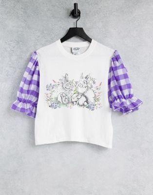 Femme Vintage Supply - T-shirt avec manches bouffantes à carreaux vichy et imprimé lapins