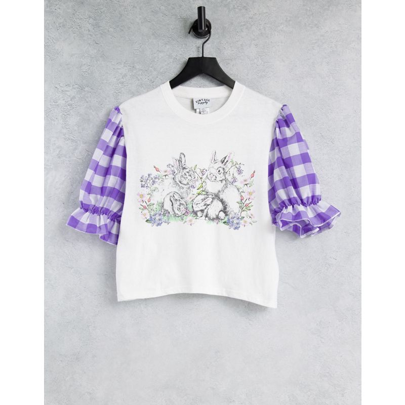 T-shirt e Canotte Donna Vintage Supply - T-Shirt con maniche a sbuffo a quadretti e grafica con coniglietti