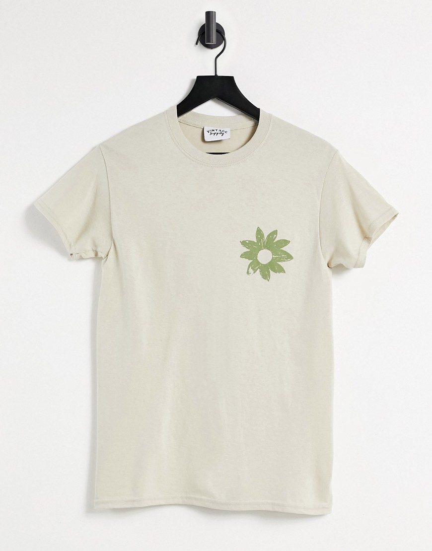 Vintage Supply t-shirt with doodle flower print in sand-White