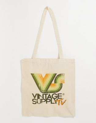 Vintage Supply tote bag in cream with tv print