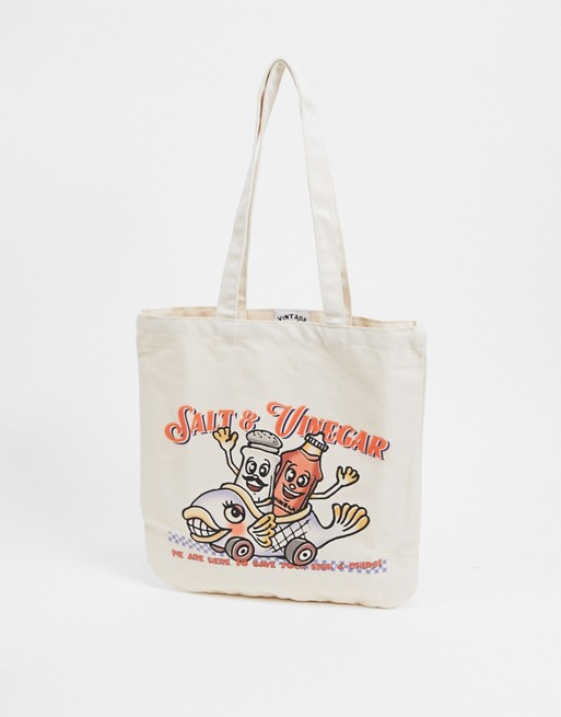 Vintage Supply tote bag with fish & chips print ecru